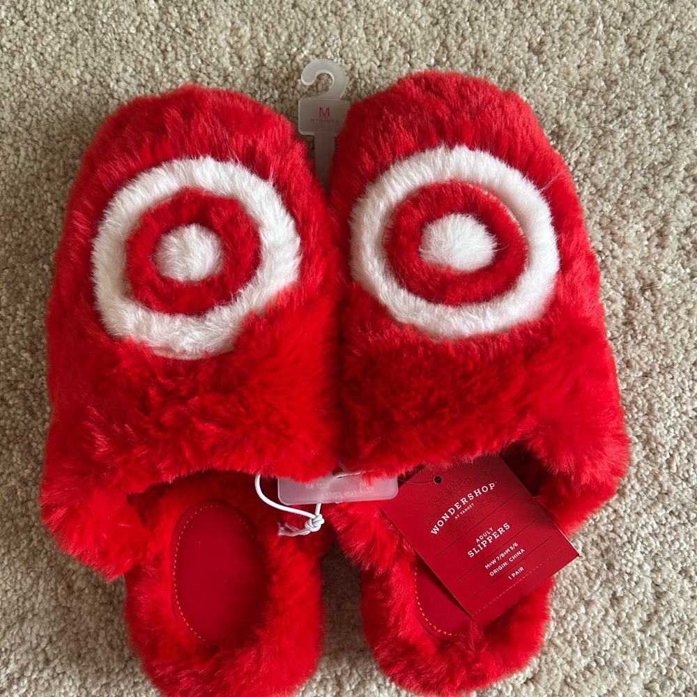 Wondershop Red Fuzzy Slippers with White Target Logo
